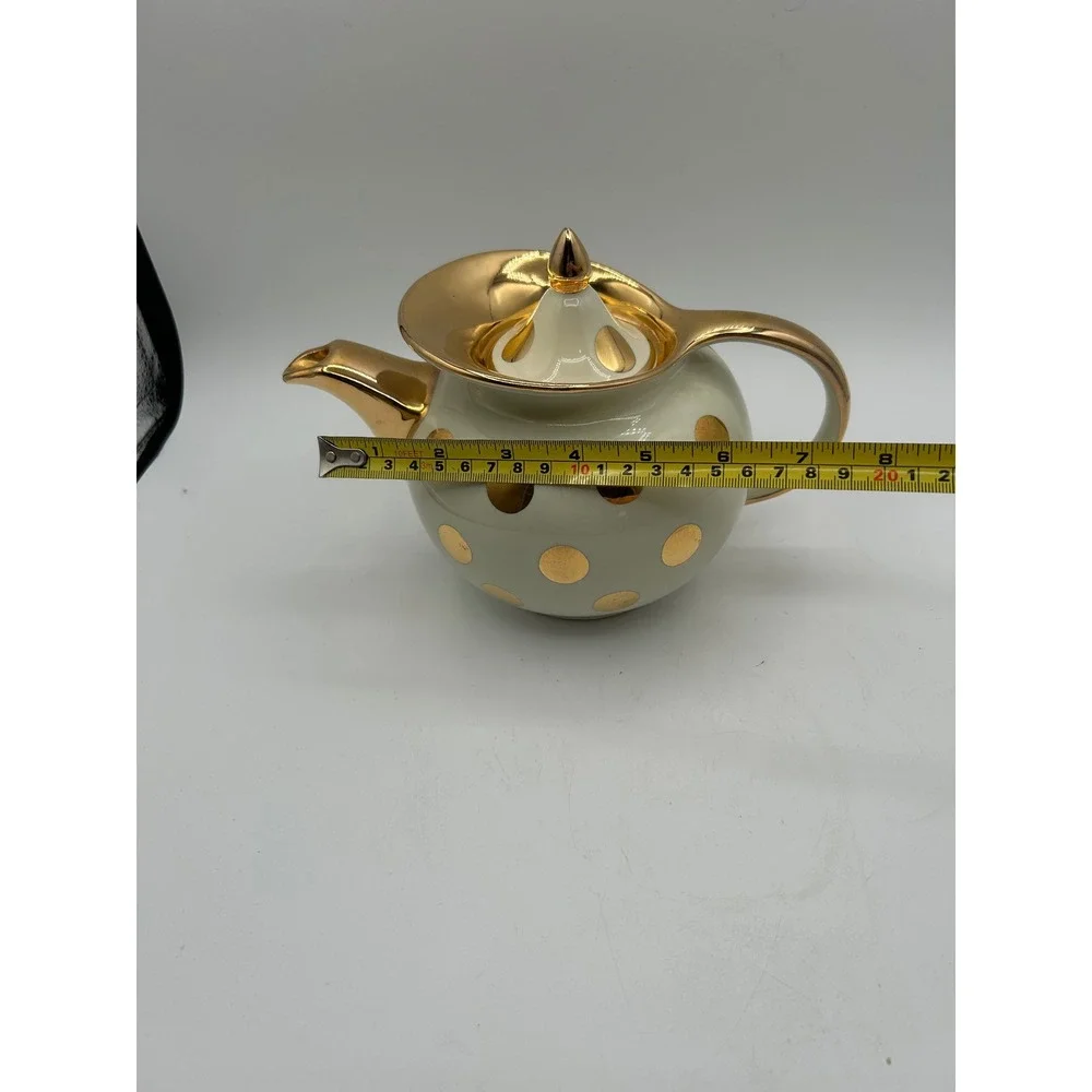 Hall Teapot 6 Cup Cream Ivory Gold Dot Vintage Mid Century Modern Ceramic